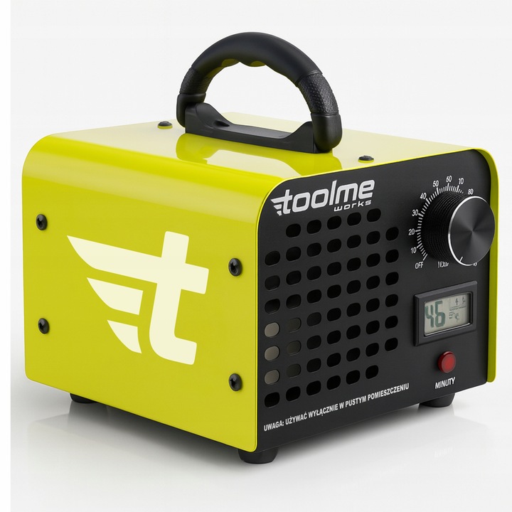 Czarno-seledynowy generator ozonu Toolme Works na białym tle. 